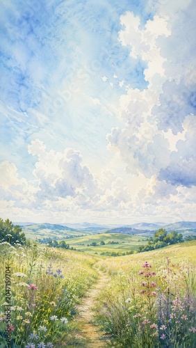 Scenic Meadow Pathway Under Bright Cloudy Sky in Serene Nature Landscape