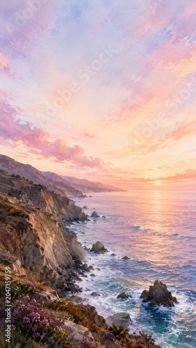 Serene Coastal Sunset with Colorful Sky and Rugged Cliffs Overlooking Ocean