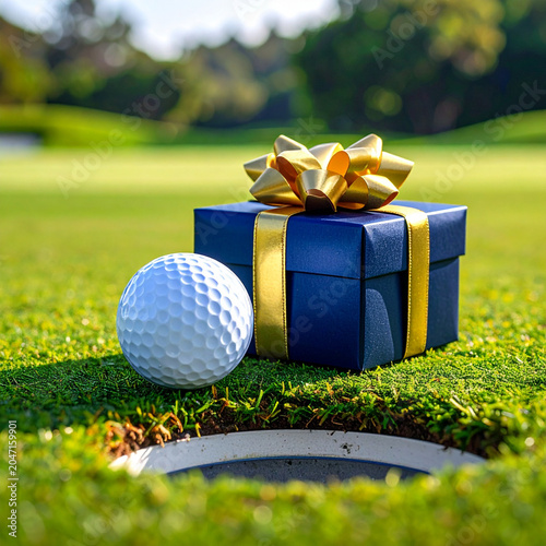 golf ball beside cup on championship putting green, sunglasses and golf tees arranged naturally nearby, bright summer sunlight
