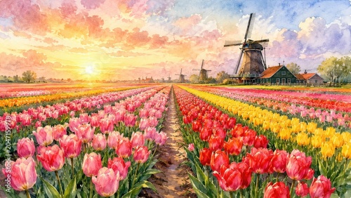 Colorful Tulip Fields Under Sunrise with Windmills in Beautiful Landscape Scene