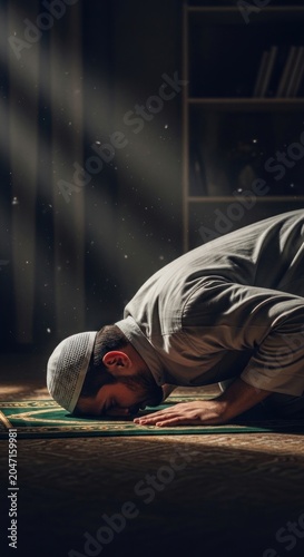 Muslim Man Performing Prostration Sujud Prayer in Spiritual Atmosphere.