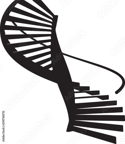 A black illustration of a spiral staircase going upwards indoors.