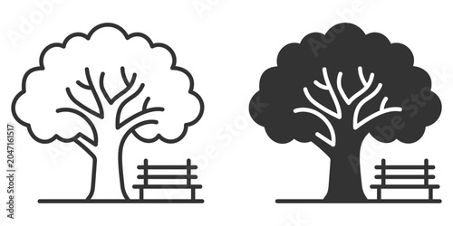 Black and white tree icons with park benches in minimalist style. Vector illustration.