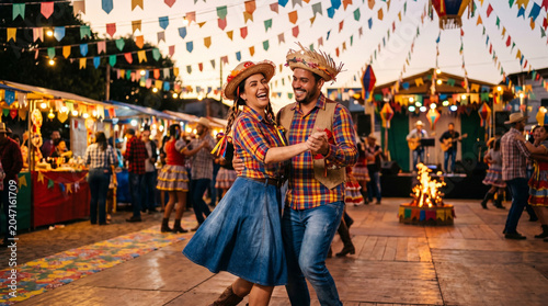 Brazilian Couple Dancing at Traditional Festa Junina Celebration