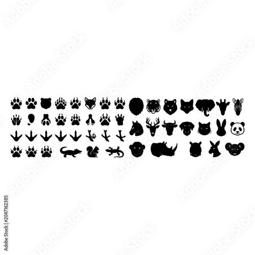 Animal paws tracks and wildlife head icons set black silhouette style.