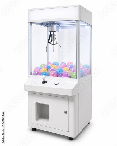 Modern claw crane game machine with a tall transparent glass cabinet matte white arcade body single joystick and round button clean metal claw suspended above smooth colorful capsule prizes blank