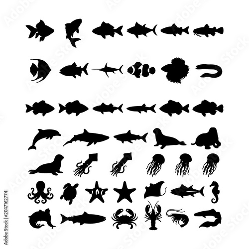 Set of black fish silhouettes representing various marine aquatic species.