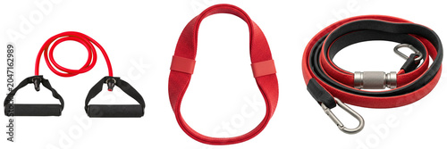 Photos Set of red fitness resistance bands and straps isolated on white background