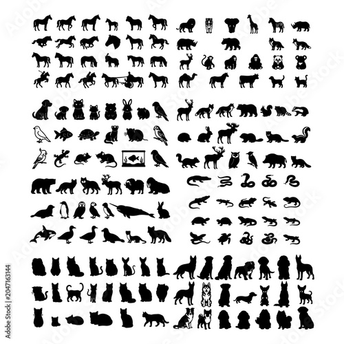 Large collection of farm and wild animal silhouettes for educational design.