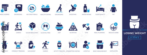 Foto Losing weight solid icon set featuring diet, healthy nutrition, weight loss, body balance, and fitness tracking vector symbols collection