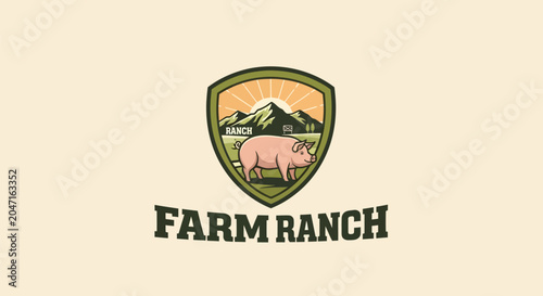 Vintage Farm Ranch Logo with Pig and Mountain Landscape.