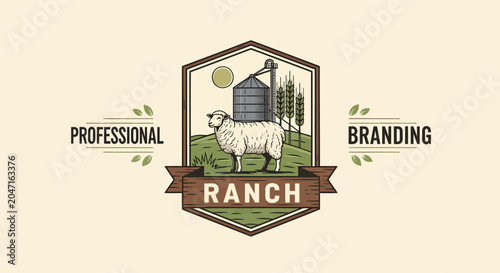 Vintage Farm Ranch Logo with Sheep and Silo.