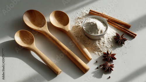 Wooden spoon flour cinnamon star anise spice baking utensil kitchen flat lay