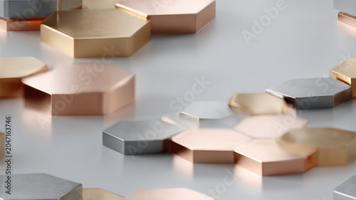 Metallic hexagon pattern seamless abstract geometric surface in gold and rose gold with silver accents creating soft elegant shimmer