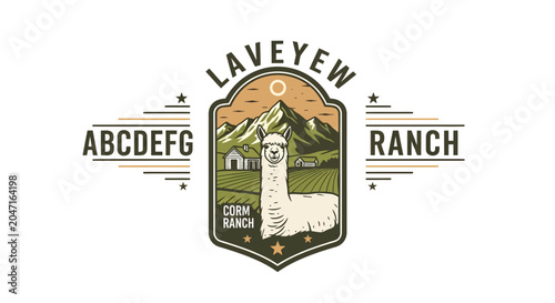 Vintage Laveyew Ranch Logo with Alpaca and Mountain Landscape.