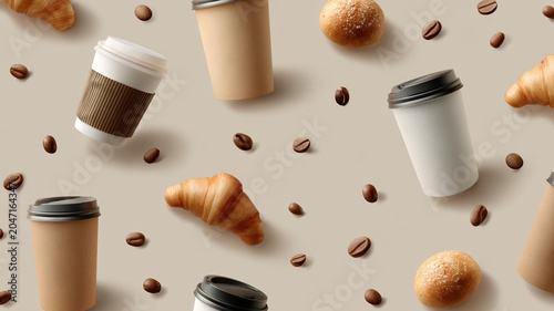 Hot coffee cups croissant roll coffee bean breakfast pastry seamless pattern warm neutral tones cozy morning vibe