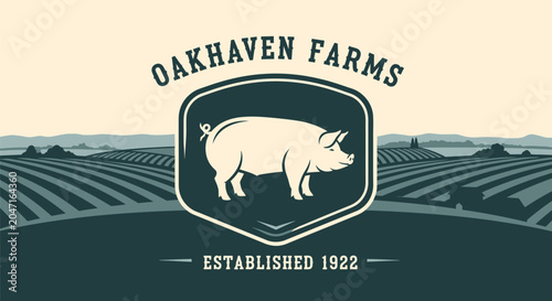 Vintage Oakhaven Farms logo featuring a classic pig illustration within a shield emblem.