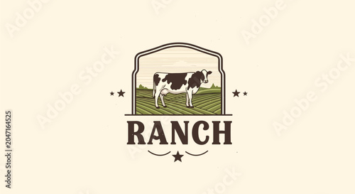 Vintage Ranch Logo with Holstein Cow Illustration.
