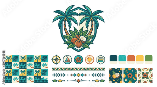 Tropical design kit featuring a palm tree badge with coconuts, seamless wave and leaf patterns, summer vacation icons, decorative vector dividers, and coordinated color swatches.