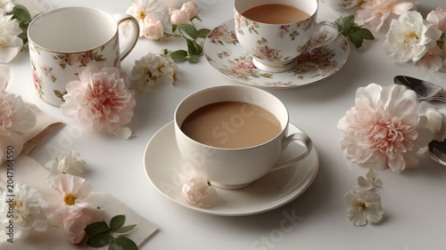 Delicate porcelain teacup saucer floral pattern cream tea setting with soft pink roses and gentle lighting creating romantic mood
