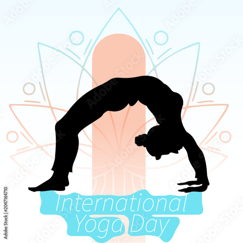 International Day of Yoga Vector with Wheel Pose Silhouette and Lotus Mandala Wellness Background