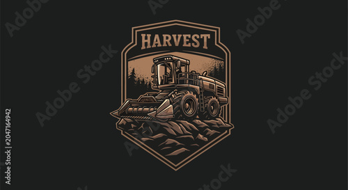 Vintage-style emblem featuring a powerful tractor harvesting crops in a field at sunset.