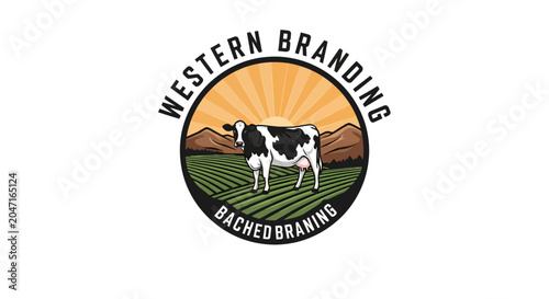Western Branding Logo with Dairy Cow in a Field at Sunrise.