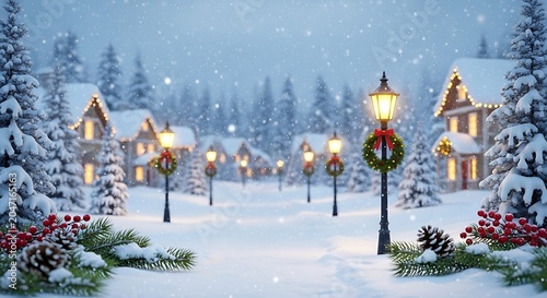 Merry christmas snowy village scene with illuminated street lamps and wreaths