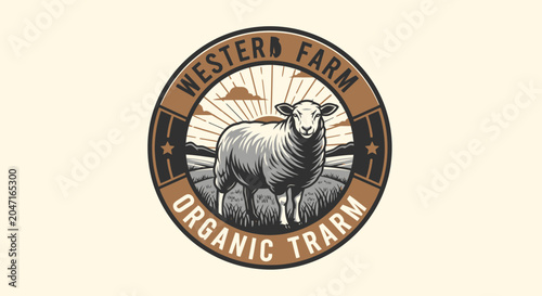 Western Farm Organic Farm Logo with a Detailed Sheep Illustration.