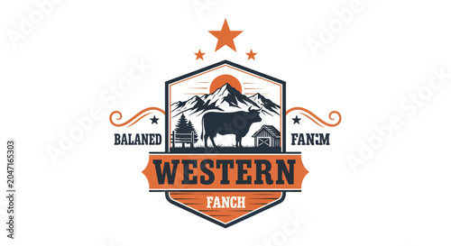 Western Farm Logo with Mountains, Cow, and Barn under a Star.