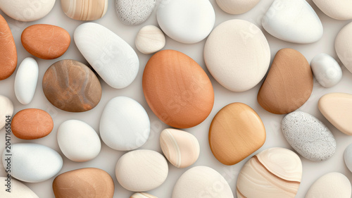 Smooth organic pebbles pattern in warm earthy tones, seamless arrangement of rounded stones evoking calm and natural texture