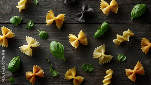 Colorful farfalle and fusilli pasta scattered with fresh basil leaves on dark wood background, rustic culinary mood and natural texture