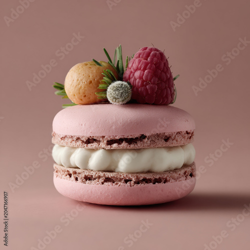 Pink macaron with cream filling topped with raspberry and small fruit and rosemary sprig in soft studio lighting, elegant dessert styling