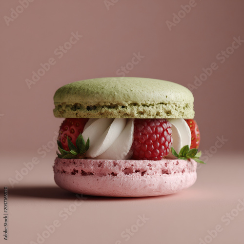 Green macaron strawberry raspberry cream sandwich dessert with delicate filling and soft pastel tones evoking sweet delight