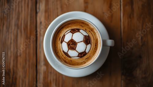 Top view of coffee cup with soccer ball design on wooden table