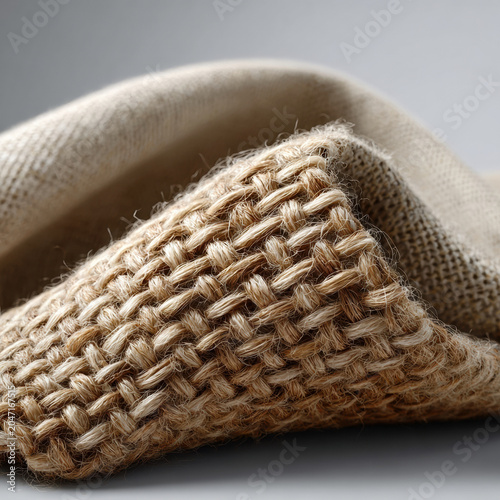 Coarse woven linen fiber texture close up natural beige fabric with rustic weave and frayed yarns, tactile warm feeling