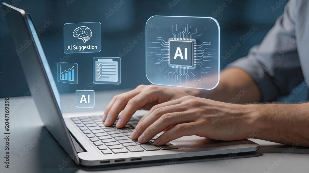 Obraz premium Artificial intelligence chip hologram over laptop keyboard, AI suggestion technology concept, machine learning data analysis, neural network brain icon, digital transformation,