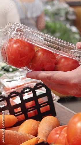 Customer choosing packaged tomatoes in supermarket, hand holding fresh vegetables in plastic container, grocery shopping and healthy food selection concept.