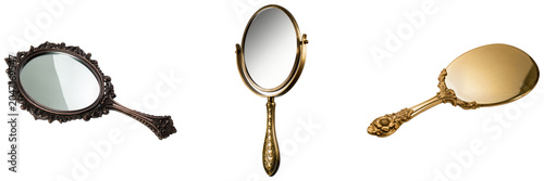 Obraz na płótnie Three antique hand mirrors with ornate handles, isolated on a white background