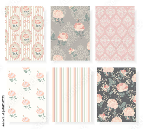 Six coordinating shabby chic grandmillennial seamless patterns with roses, damask, stripe, cameo and scrollwork. Pastel pink, gray and charcoal colorways for fabric, wallpaper, wedding and home decor.