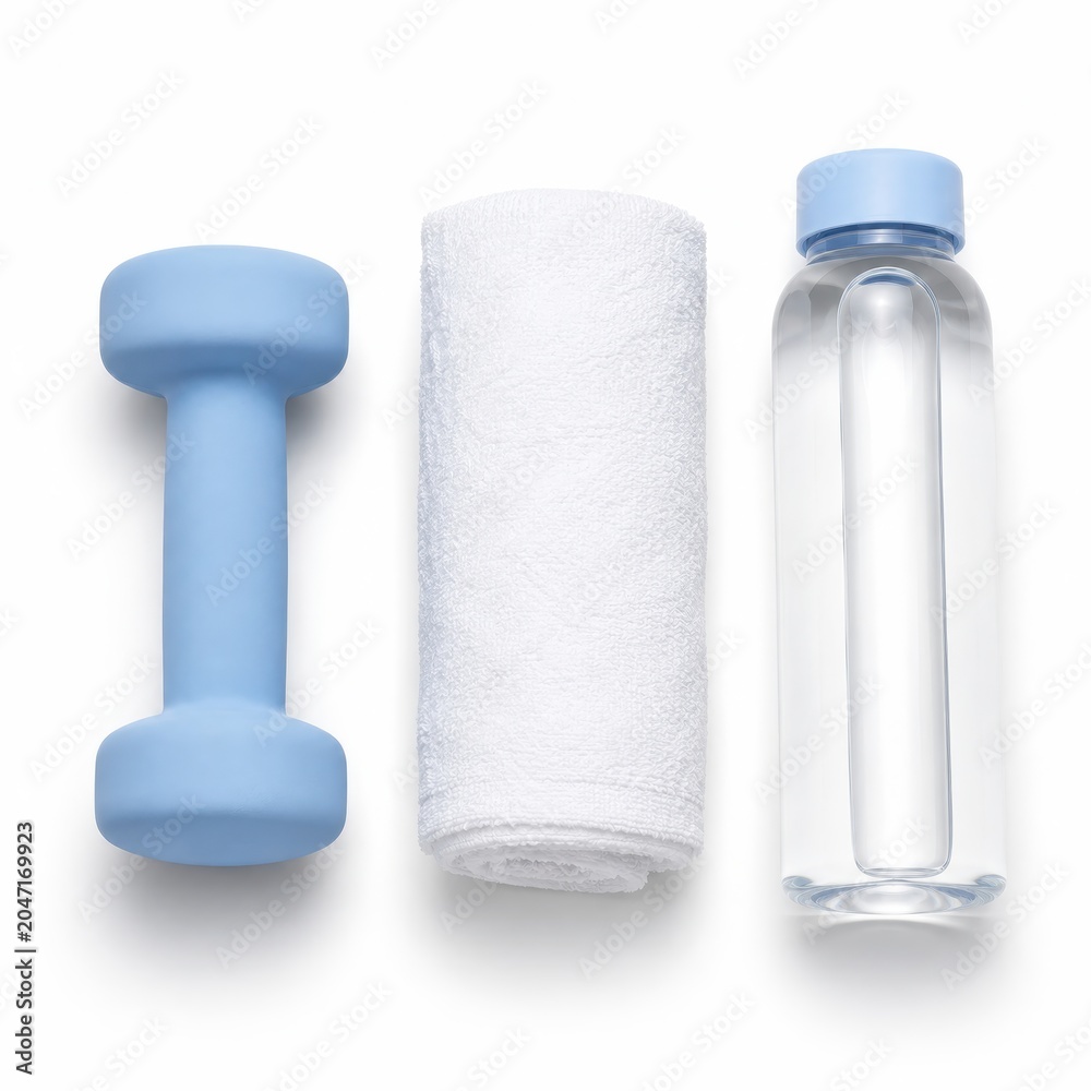Obraz premium Blank round dumbbell in soft pastel blue neoprene finish rounded circular ends with clean empty faces paired with a neatly rolled white workout towel and a simple clear water bottle