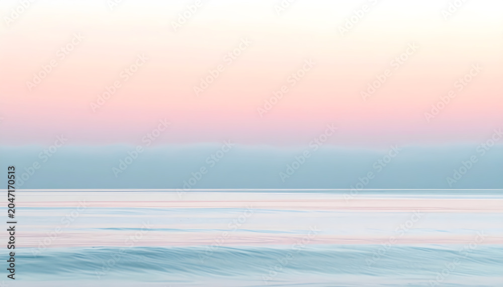 Fototapeta premium Ocean horizon disappearing into pale mist during sunrise creating a minimal silent calm peaceful meditative zen seascape photograph generative AI