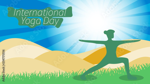 International Day of Yoga Vector Landscape with Yoga Pose Silhouette, Nature Background and Wellness Celebration