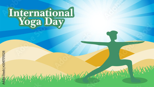 International Day of Yoga Vector Landscape with Yoga Pose Silhouette, Nature Background and Wellness Celebration