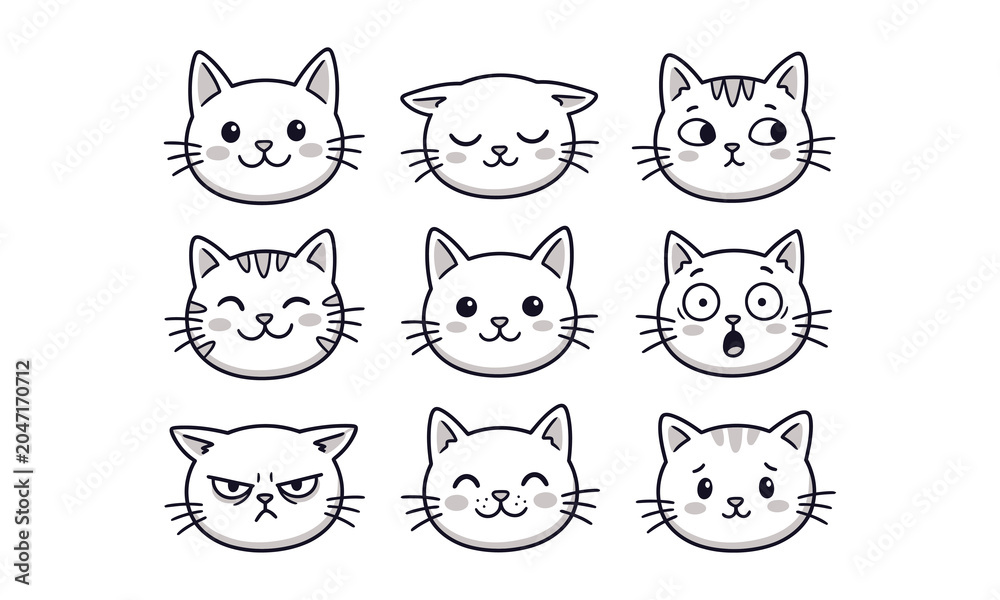 Fototapeta premium Nine cartoon cat faces with various expressions on white background silhouette