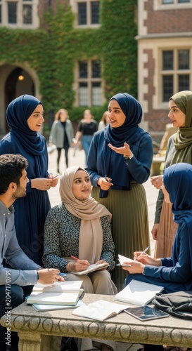 Group of diverse university students with hijabs studying together outdoors on campus.