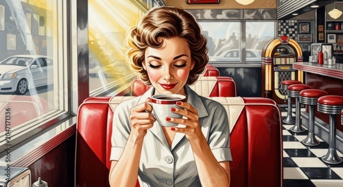 Vintage 1950s woman enjoying a cup of coffee in a retro American diner.