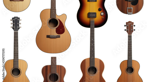 Collection of different acoustic guitars hanging on a wall display Vector
