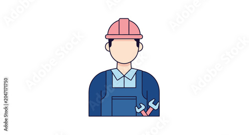 Cartoon Worker Holding Wrench Tool.