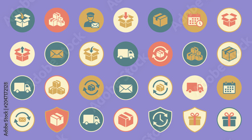 A collection of various colorful icons depicting business and industry symbols arranged on a purple background